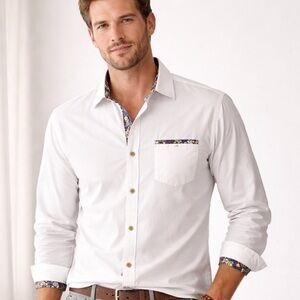 Tommy Bahama island crafted White Button-Up Shirt Floral Trim Long Sleeve size L